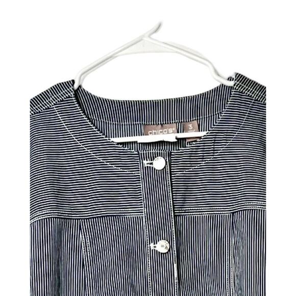 Chicos Top Womens Size L Deep Navy Railroad Stripe Long Sleeve Button Up NWT - Picture 3 of 12